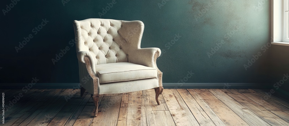 Poster vintage armchair on hardwood floor in the house. with copy space image. place for adding text or des