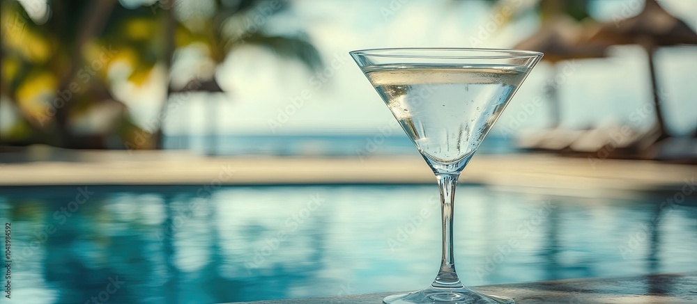 Poster Dry martini cocktail in a glass by the pool at a tropical resort Vertical. with copy space image. Place for adding text or design
