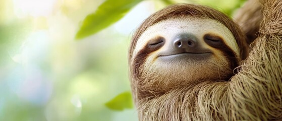 Fototapeta premium A tight shot of a smiling sloth resting on a tree limb with its eyes shut