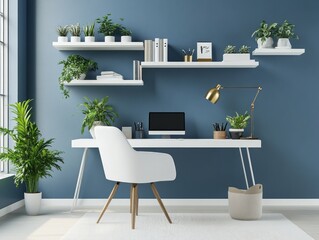 Modern study room featuring a soothing blue accent wall with white shelving and desk