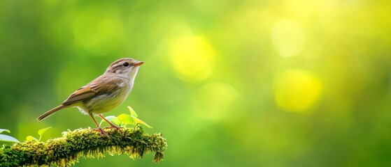 Naklejka premium A tiny bird sits atop a moss-covered branch against a backdrop of vague greens and yellows