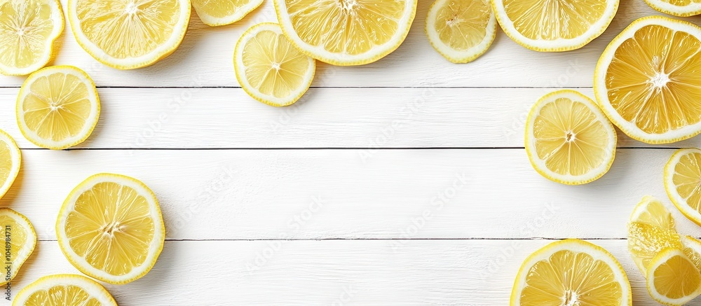 Aufkleber background featuring lemon slices on a white wooden board template. with copy space image. place for