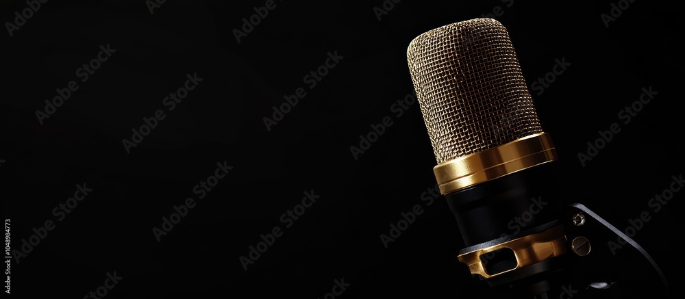 Poster Condenser Gold Studio Microphone Against A Black Background In Shadow. with copy space image. Place for adding text or design