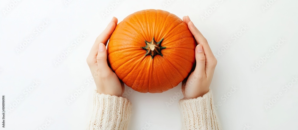 Aufkleber hands grasp an orange pumpkin in a creative flat lay top view arrangement on a white background fall