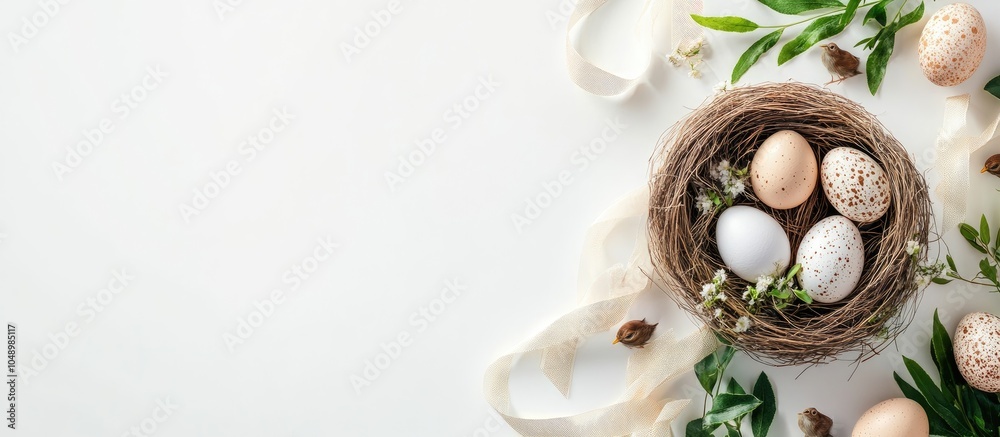 Aufkleber Mockup card featuring plants Invitation card with an outdoor theme and quail eggs Easter eggs ribbons and a nest on a white background. with copy space image. Place for adding text or design