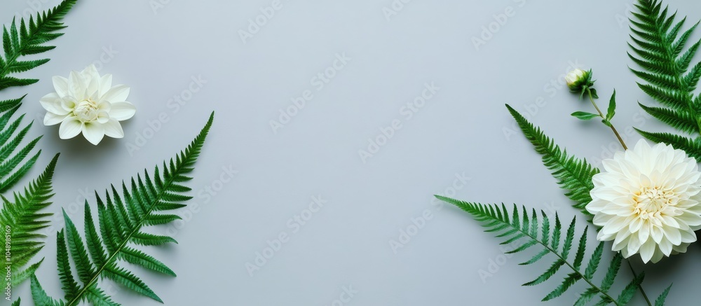 Leinwandbilder Creative arrangement of green fern and dahlia leaves on a gray background with space for your text Flat lay Nature concept. with copy space image. Place for adding text or design