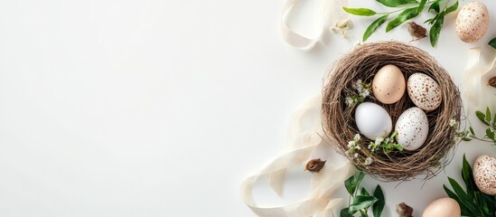Fototapeta premium Mockup card featuring plants Invitation card with an outdoor theme and quail eggs Easter eggs ribbons and a nest on a white background. with copy space image. Place for adding text or design