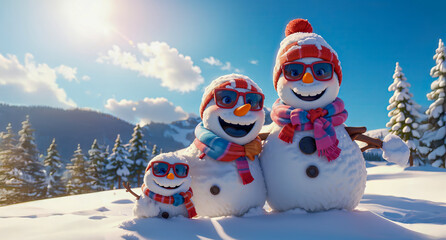 AI-generated images of a snowman vacationing with his family on the ski slopes