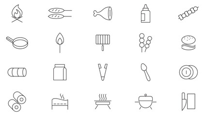 Barbecue and Grill line icon set. BBQ, picnic, camping, meat, steak, food, outdoor, hiking, sausages, beef, gas, Grill, Food line icon set. UI thin line icon pack.