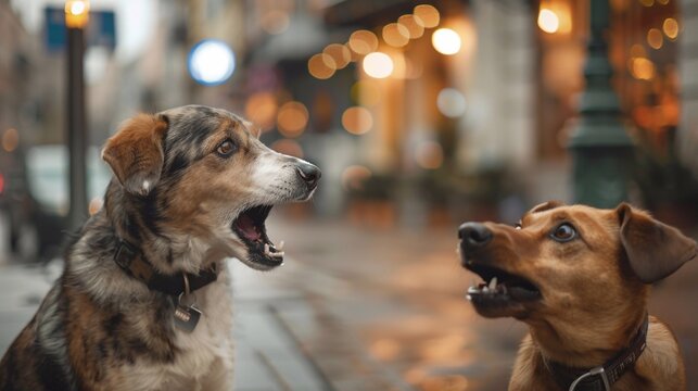 As if discussing the day&rsquo;s events, the two dogs bark at each other, their excited voices creating a lively atmosphere.