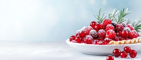  A cranberry tart in a bowl, topped with a fresh rosemary sprig