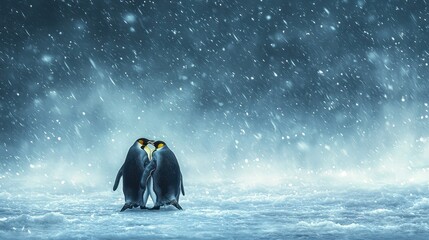 Emperor Penguins Huddling on Icy Landscape