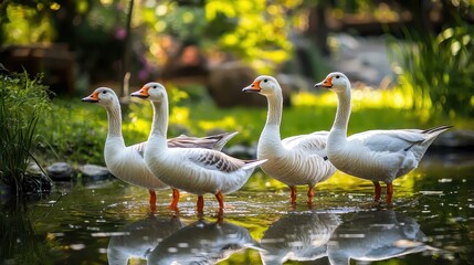 Obraz premium Family of Geese Waddling by a Serene Pond