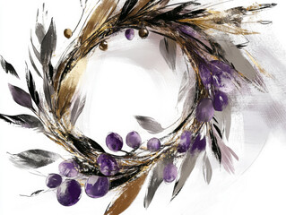Hand-painted wreath with flowing leaves and purple berries accented with gold, creating a festive and artistic holiday decoration on a white background.