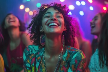 Fototapeta premium Joyful celebration among friends at a vibrant nighttime gathering filled with laughter and colorful lights