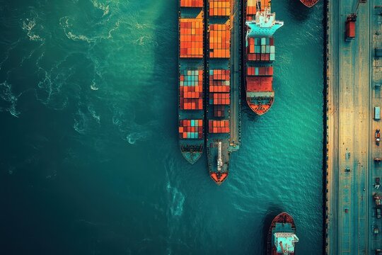 Aerial view of shipping containers on vessels docked at a bustling port in bright daylight