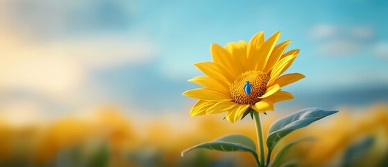 Obraz premium A sunflower blooming yellow, adorned by a blue butterfly atop its petals within a sea of sunflowers