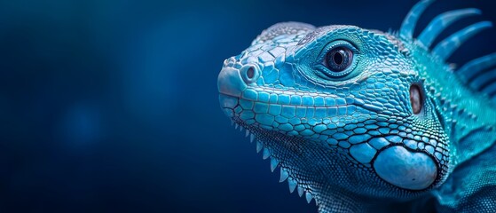 Obraz premium A tight shot of a blue iguana's head against a solid blue backdrop, softly blurred background