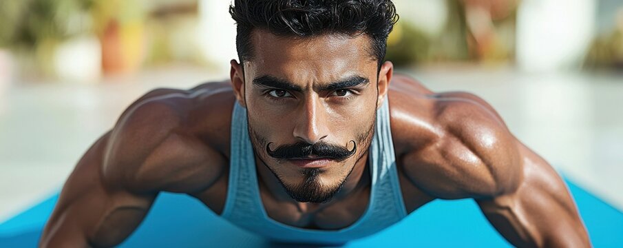 A determined man performing a push-up showcasing strong muscular definition and focus with sweat glistening under bright light on a colorful mat