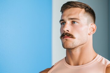 Obraz premium Healthy lifestyle with November mustache concept for men. A focused man with a stylish mustache gazes thoughtfully against a blue backdrop exuding confidence and strength