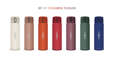 Travel thermos tumbler template. A set of white, brown, orange, red, purple, green, blue mugs