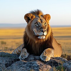 Obraz premium Majestic Lion in African Savanna Landscape: Wildlife Nature Photography, Sunlit Serengeti Scenery, King of Beasts Resting on Rocks, Golden Grass Plains Horizon
