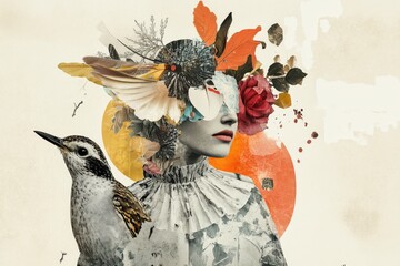 A creative collage of a woman surrounded by vibrant flowers and a bird against a soft background