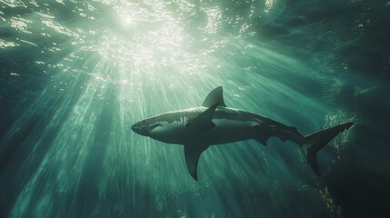 Fototapeta premium Great White Shark Swimming in Sunlit Water