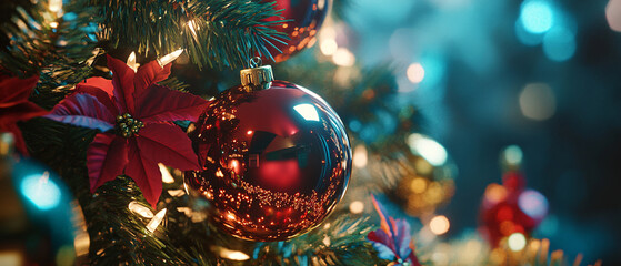 Closeup of a Shiny Red Christmas Ornament on a Decorated Christmas Tree, Closeup of a Shiny Red Christmas Ornament on a Decorated Christm