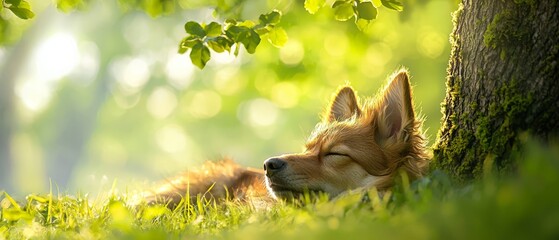  A small brown dog lies next to a tree on a lush, green grass-covered forest floor