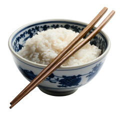 黒い背景に木製の箸と白米の入った陶器のボウル - 透明な背景の png