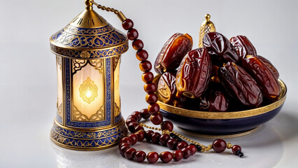 Ramadan Kareem Festive, close up of oriental Lantern lamp with dates  and rosary on white background.