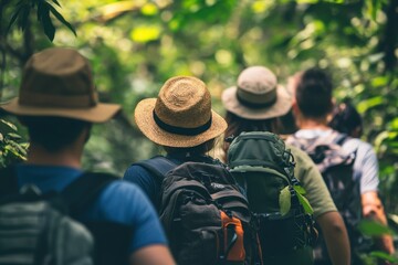 Fototapeta premium A group of hikers walking through a dense tropical forest on a warm sunny day in nature