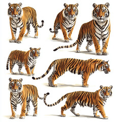 Fototapeta premium Tigers in various poses showcasing their majestic features and striking stripes. This illustration captures beauty and power of these magnificent big cats in vibrant and detailed manner
