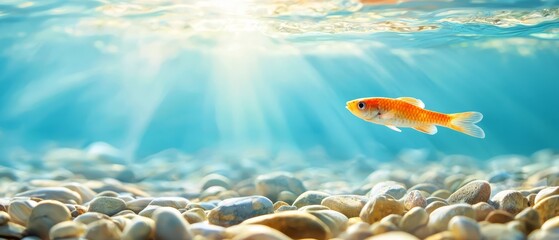  A goldfish swims in an aquarium, surrounded by submerged rocks and sunlight filtering through the water's surface