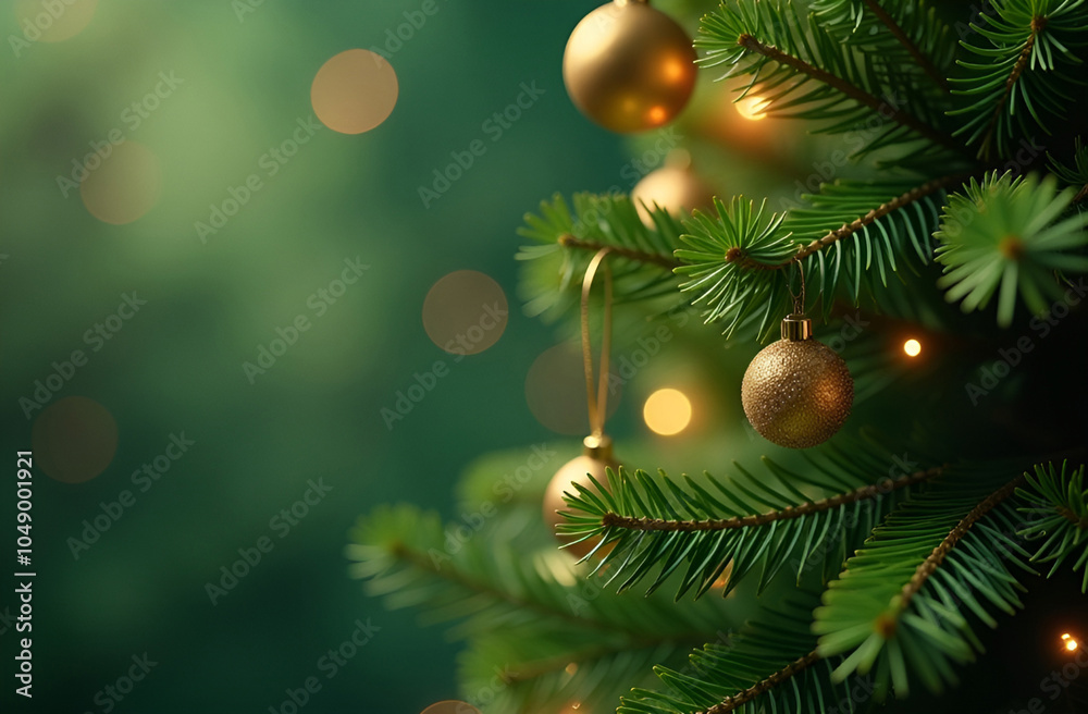 Canvas Prints green defocused background and a christmas tree infront with golden balls. copy space on the left si