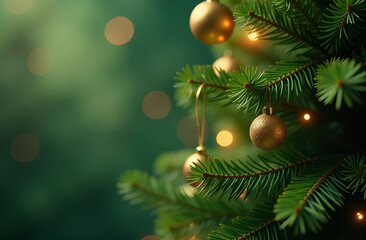 Green defocused background and a christmas tree infront with golden balls. Copy space on the left side. 
