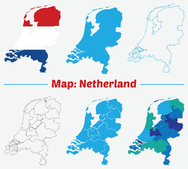Netherlands map vector. High detailed vector outline, blue silhouette and administrative divisions map of Netherlands. All isolated on white background
