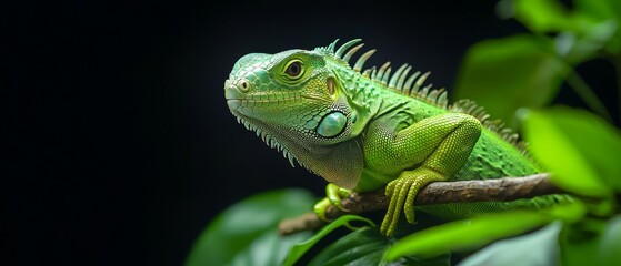 Fototapeta premium A tight shot of a green iguana perched on a branch, surrounded by leaves in the foreground against a dark backdrop