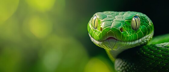 Fototapeta premium A tight shot of a green snake's head perched on a branch against a hazy backdrop of green foliage