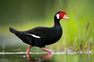 Muscovy Duck with Red Face Waddling Near Water