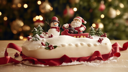 サンタと雪だるまの滑るクリスマスケーキ