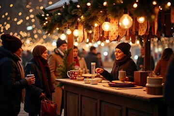 Obraz premium Festive winter market scene with people enjoying warm beverages under sparkling lights.