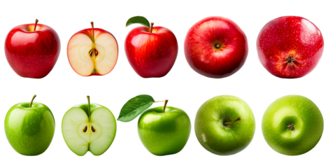Red and green apples, whole and cut, side view from top and bottom, isolated on transparent background.