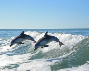 Fototapeta premium Playful Dolphins Jumping Above Ocean Waves