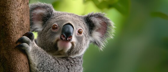 Fototapeta premium A startled koala, eyes wide with surprise, gazes directly into the camera from a tree's branch