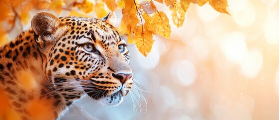 Fototapeta premium A leopard's face, closely framed, before an autumn-laden tree Autumn leaves dot the foreground