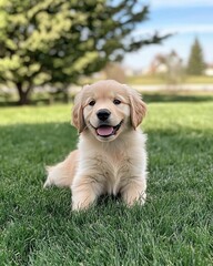 Playful Golden Retriever Puppy Sitting in Grass