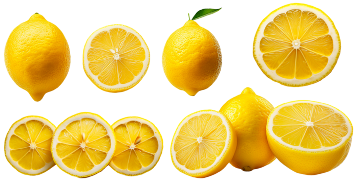 Collection of lemons - whole, halves and sliced ​​into circles, isolated on transparent background.
