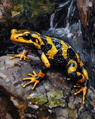 Fototapeta premium Vibrant Salamander on Wet Rock by Stream